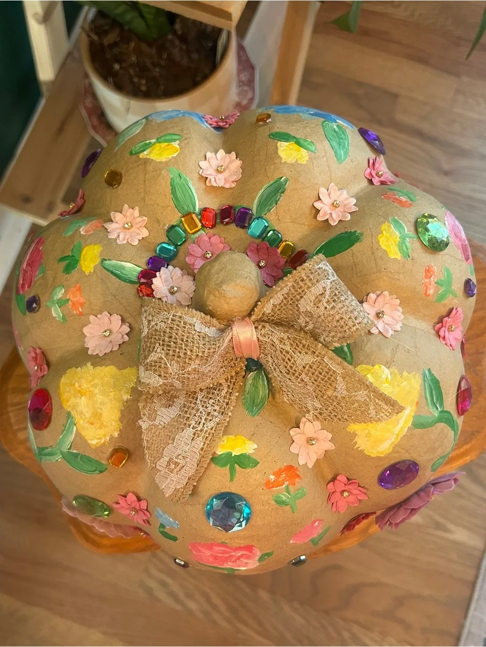 Boujee Hand-painted Floral Paper Maché Bedazzled Pumpkin with Paper Flowers